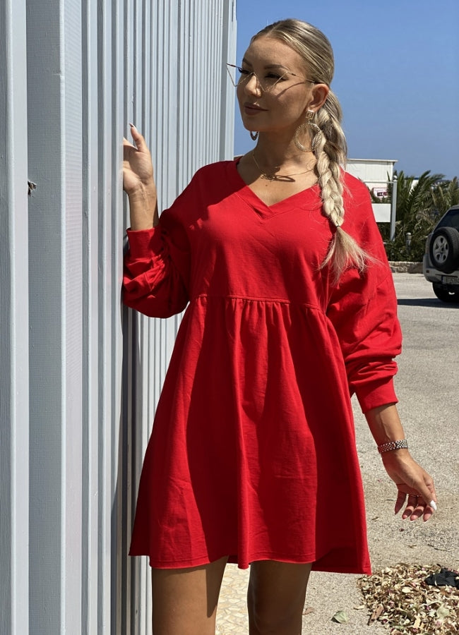 Mini μπλουζοφόρεμα φούτερ αέρινο - Κόκκινο