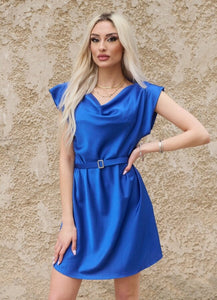 Mini σατινέ φόρεμα με ζώνη - Μπλε