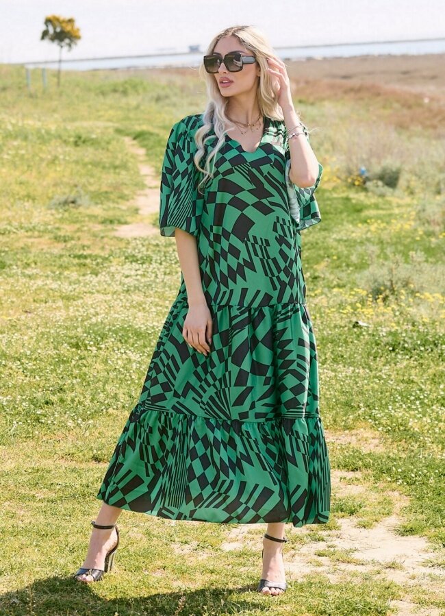 Oversize δίχρωμο maxi φόρεμα αέρινο - Πράσινο