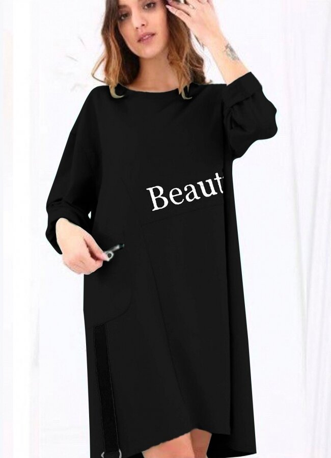 Oversize φούτερ μπλουζοφόρεμα με στάμπα - Μαύρο - teleiarouxa