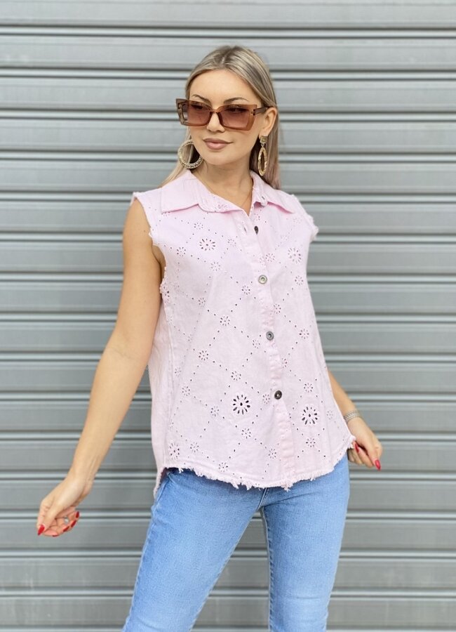 Oversize jean αμάνικο πουκάμισο - Ροζ