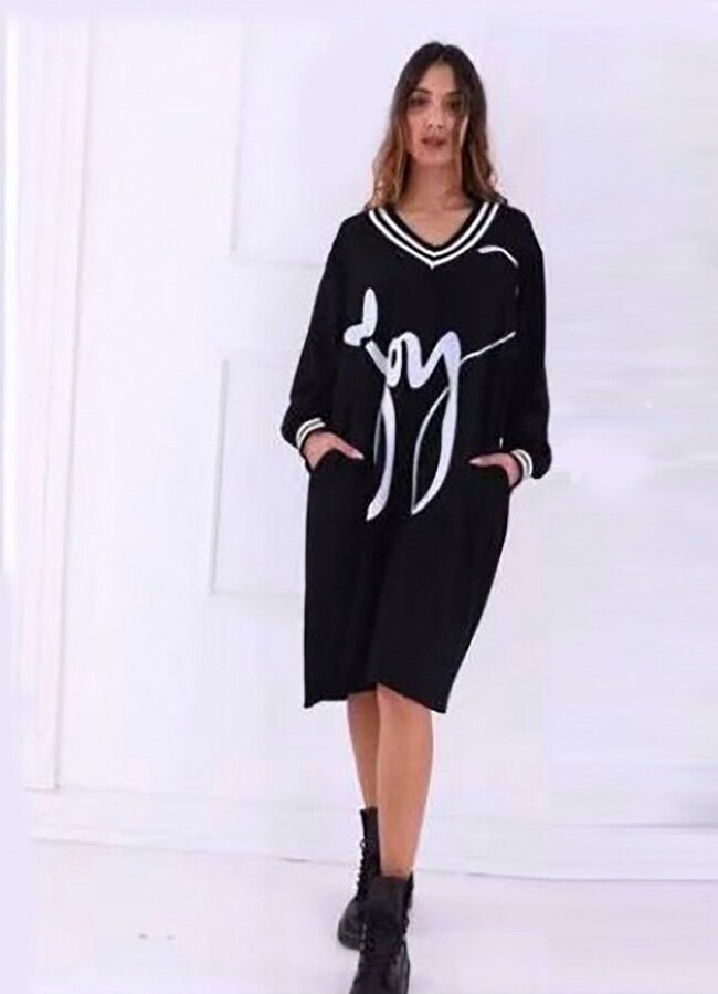 Oversize μπλουζοφόρεμα με στάμπα &amp; ριγέ λεπτομέρειες - Μαύρο