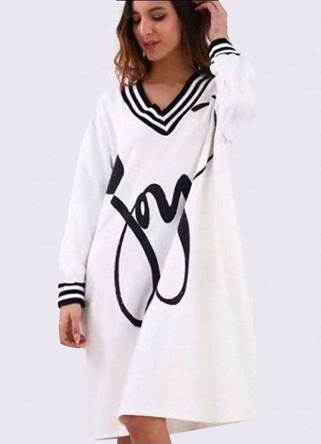 Oversize μπλουζοφόρεμα με στάμπα &amp; ριγέ λεπτομέρειες - Λευκό