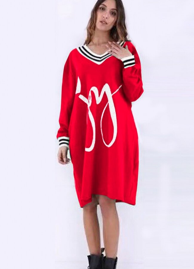 Oversize μπλουζοφόρεμα με στάμπα &amp; ριγέ λεπτομέρειες - Κόκκινο