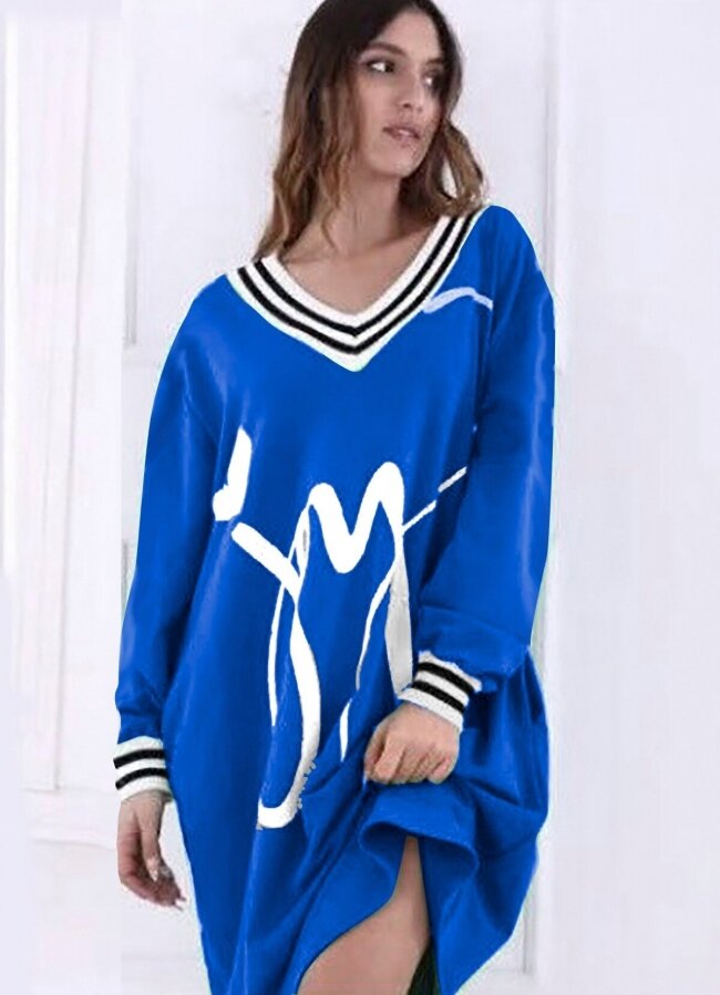 Oversize μπλουζοφόρεμα με στάμπα &amp; ριγέ λεπτομέρειες - Μπλε