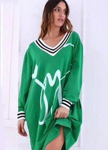 Oversize μπλουζοφόρεμα με στάμπα &amp; ριγέ λεπτομέρειες - Πράσινο