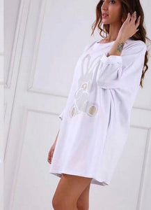 Oversize μπλουζοφόρεμα με στάμπα στρας μπροστά - Λευκό