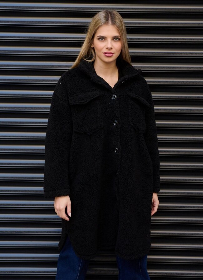 Oversize παλτό προβατάκι με κουμπιά - Μαύρο