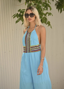 Oversize βαμβακερή ολόσωμη φόρμα με πολύχρωμο κέντημα - Μπλε - teleiarouxa