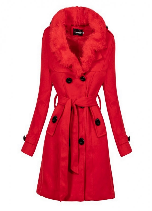παλτό με γούνα στο γιακά - Κόκκινο