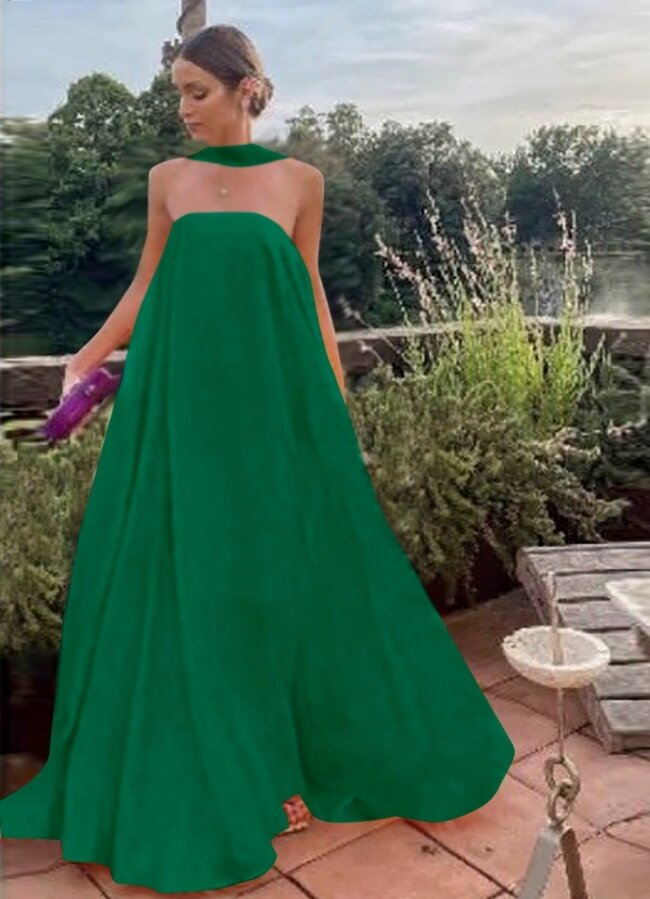 σατέν maxi strapless φόρεμα με ραμμένη εσάρπα - Πράσινο