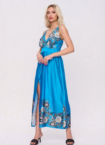 σατινέ φόρεμα τιράντα με σκίσιμο &amp; floral λεπτιμέρειες - Μπλε