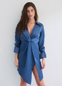 σατινέ mini φόρεμα ασύμετρο με σκίσιμο - Μπλε