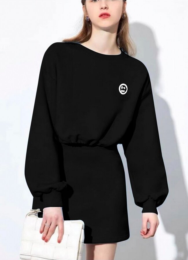 Set mini φούστα με μπλούζα και φουσκωτά μανίκια - Μαύρο - teleiarouxa