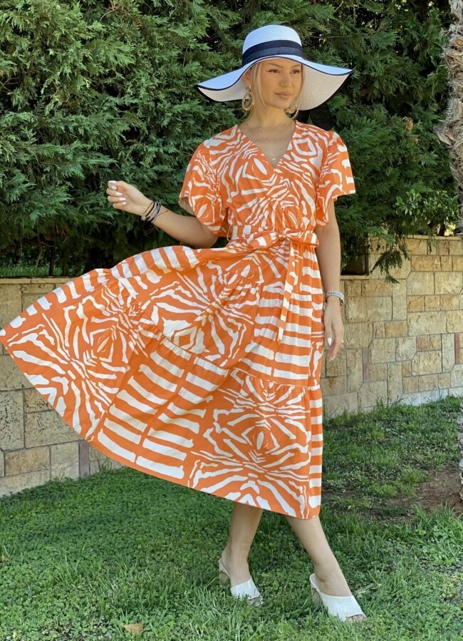 ζεβρέ φόρεμα αέρινο με φουσκωτά μανίκια - Πορτοκαλί